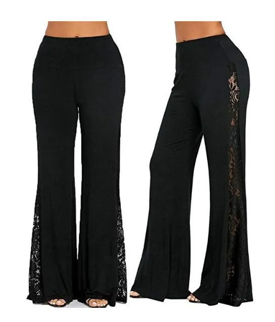 FashionSierra - Women's black side lace patchwork pants wide leg flare pants