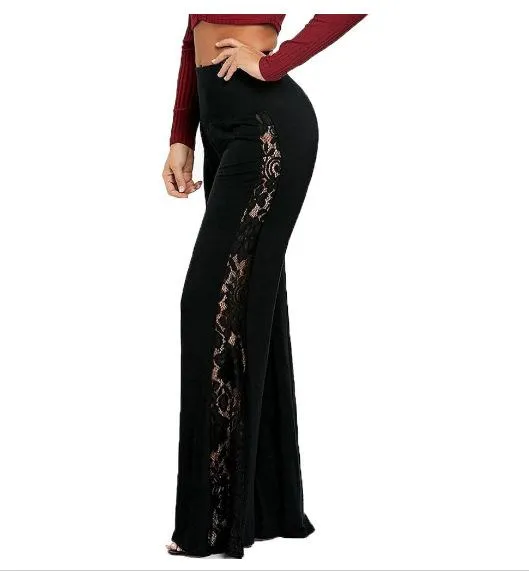 FashionSierra - Women's black side lace patchwork pants wide leg flare pants