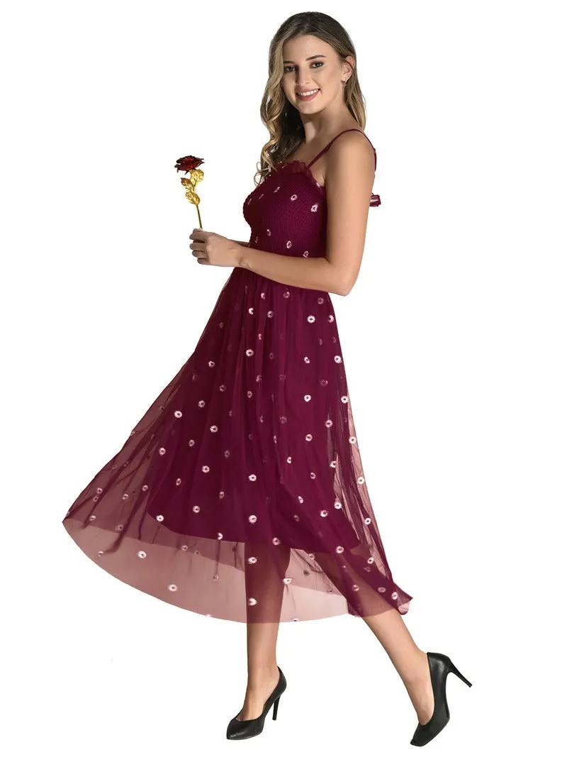 FIMS Fashion Women Embellished Net Floral Midi Fit & Flare Dress Wine