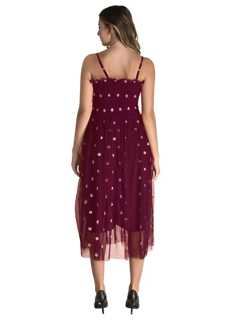 FIMS Fashion Women Embellished Net Floral Midi Fit & Flare Dress Wine