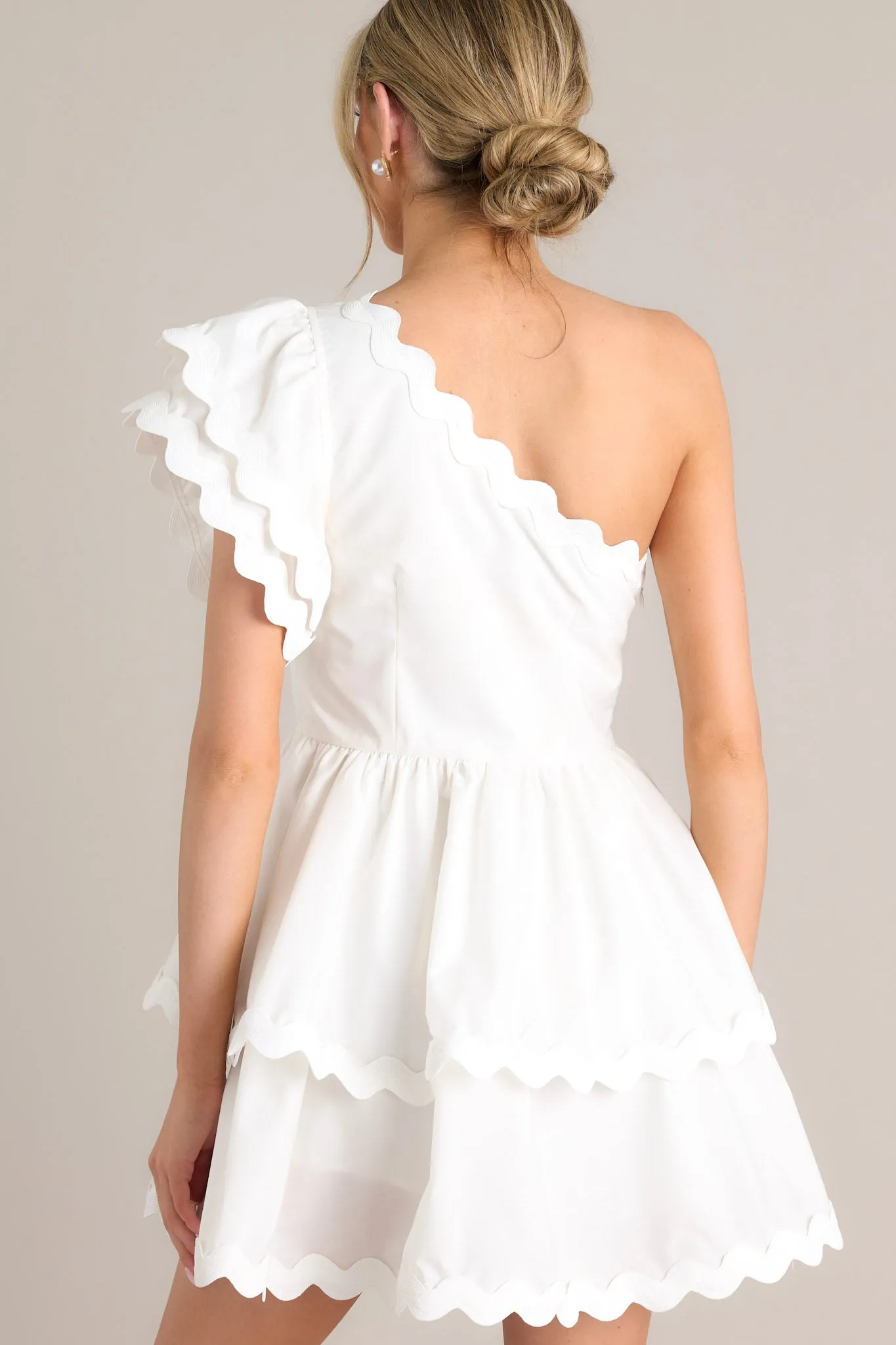 Flirty Flutter White Scallop Tiered One Shoulder Romper