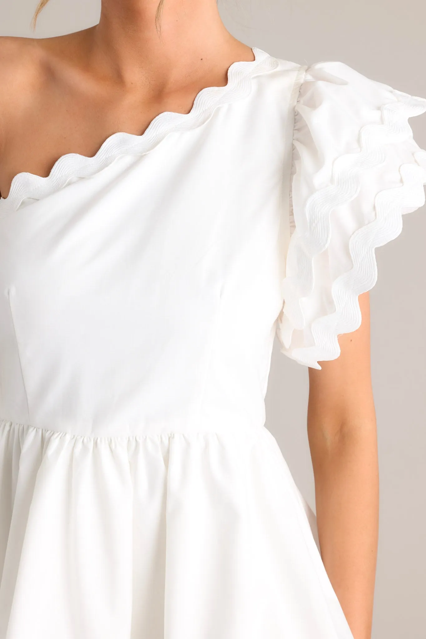 Flirty Flutter White Scallop Tiered One Shoulder Romper