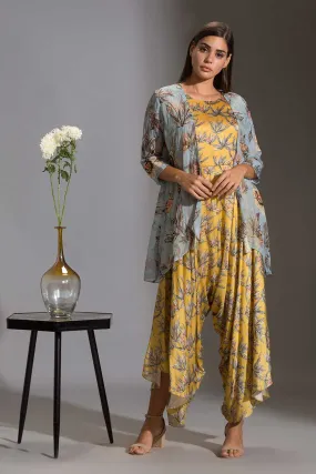 Floral Print Dhoti Jumpsuit & Jacket Set