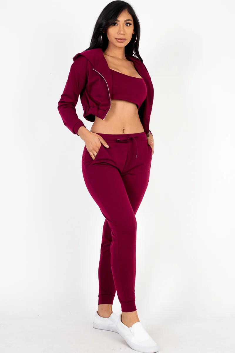 French Terry Cropped Cami with Zip-up Jacket and Joggers Set (CAPELLA)