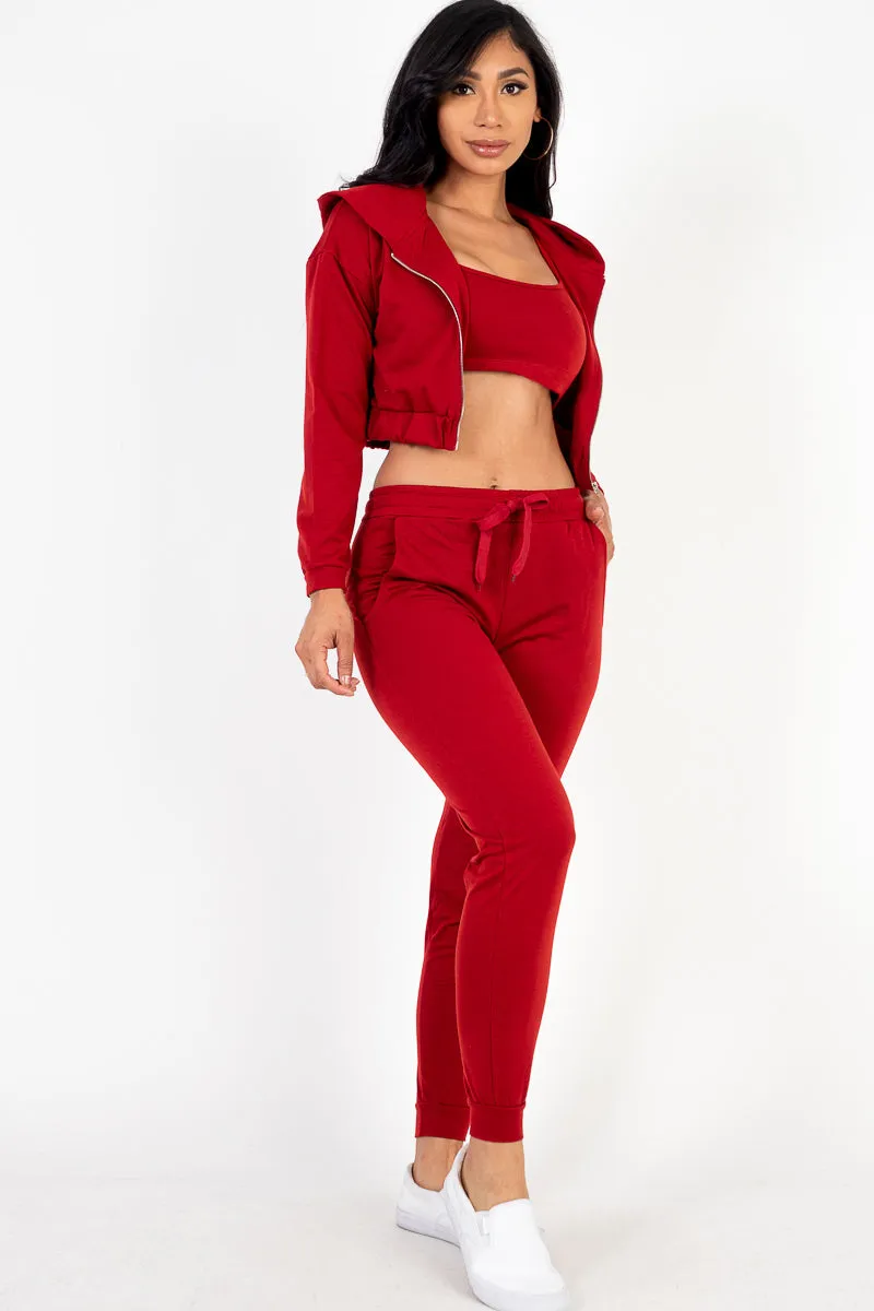 French Terry Cropped Cami with Zip-up Jacket and Joggers Set (CAPELLA)