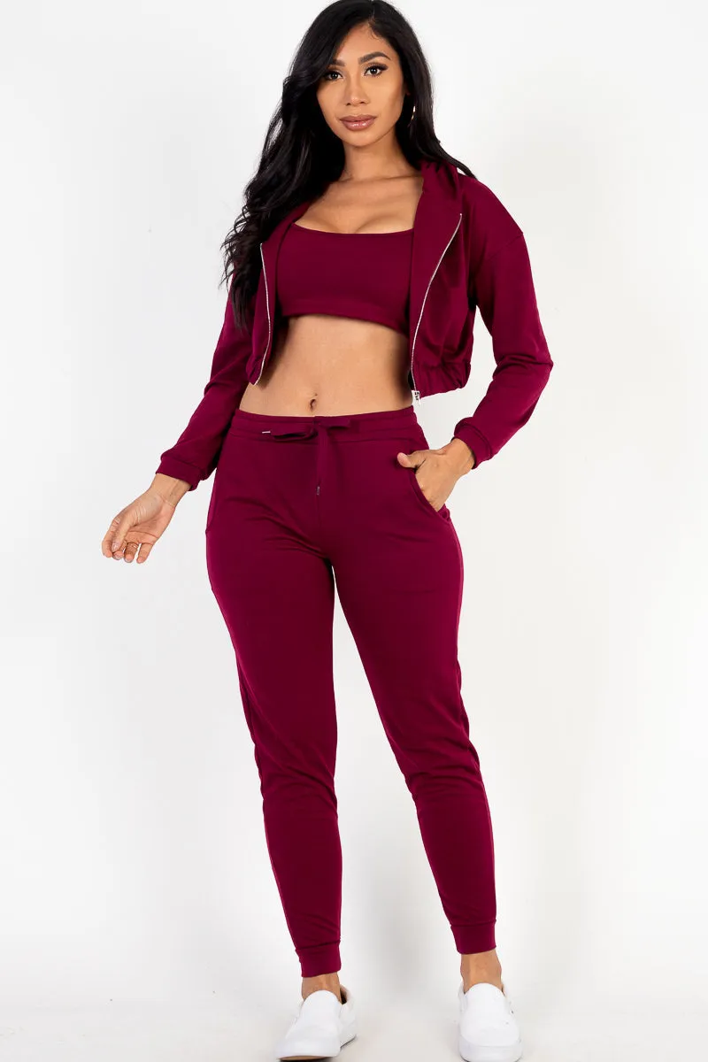 French Terry Cropped Cami with Zip-up Jacket and Joggers Set (CAPELLA)