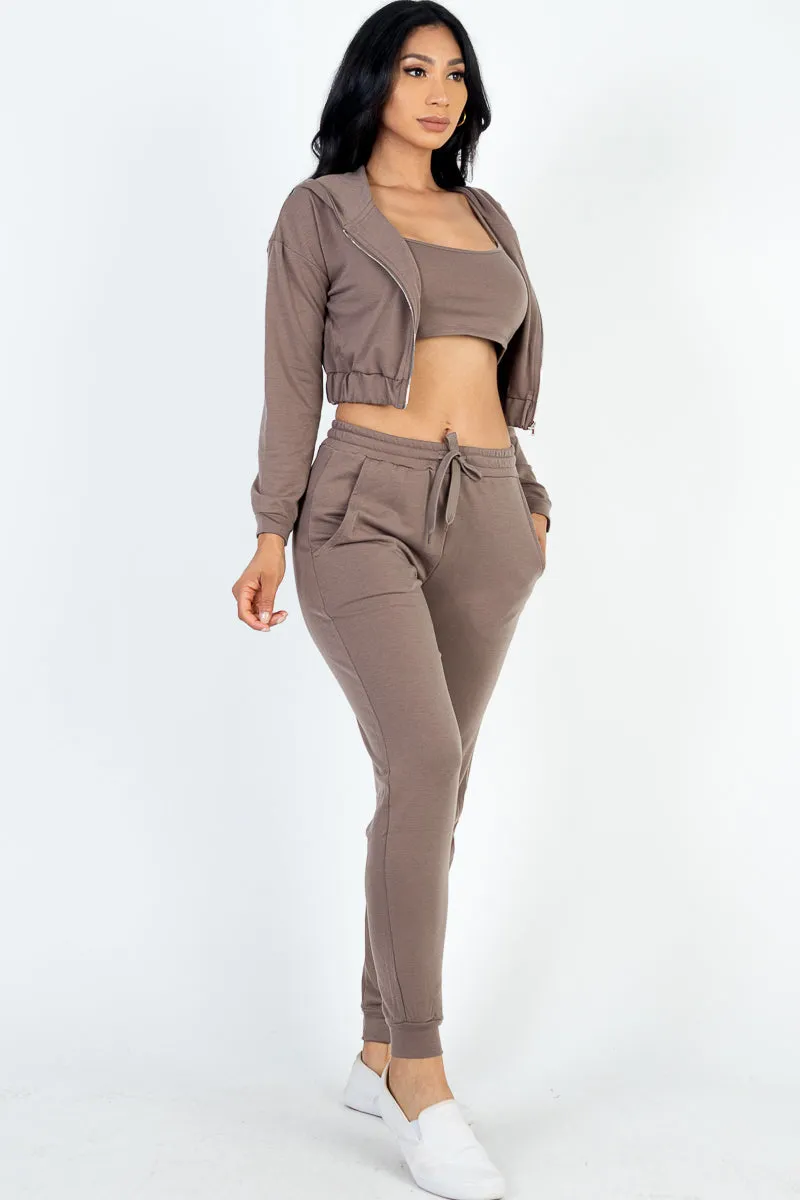 French Terry Cropped Cami with Zip-up Jacket and Joggers Set (CAPELLA)