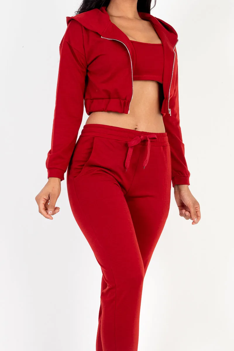 French Terry Cropped Cami with Zip-up Jacket and Joggers Set (CAPELLA)