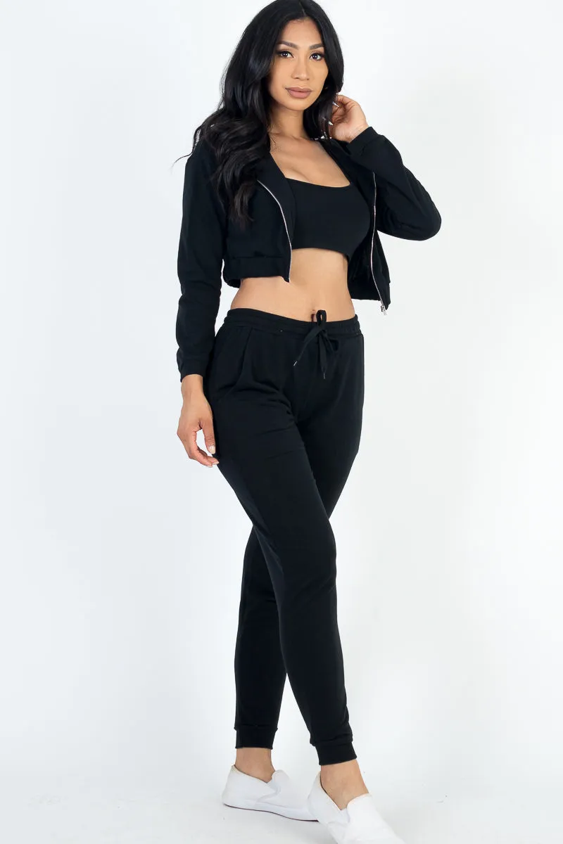 French Terry Cropped Cami with Zip-up Jacket and Joggers Set (CAPELLA)