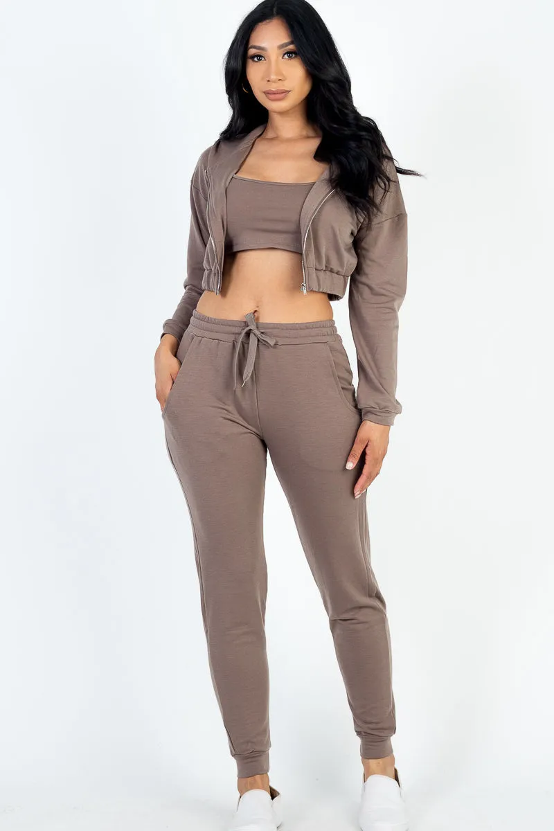 French Terry Cropped Cami with Zip-up Jacket and Joggers Set (CAPELLA)