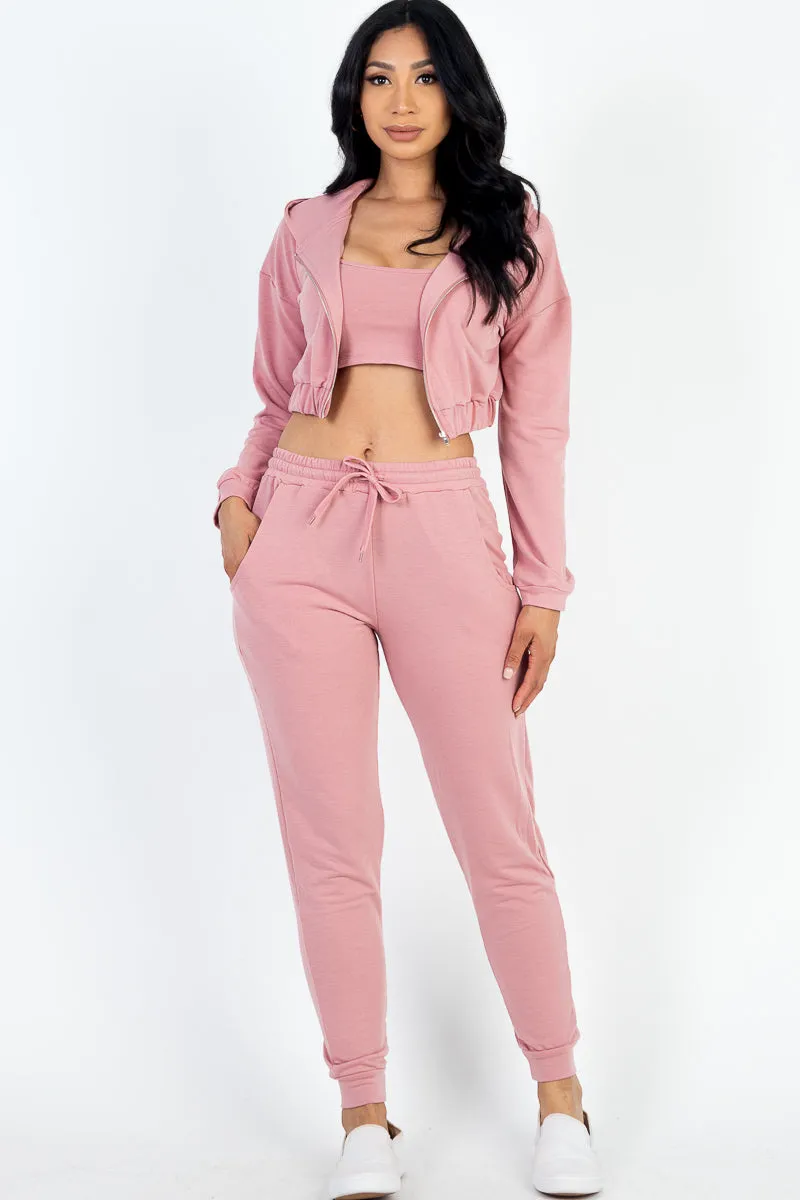 French Terry Cropped Cami with Zip-up Jacket and Joggers Set (CAPELLA)