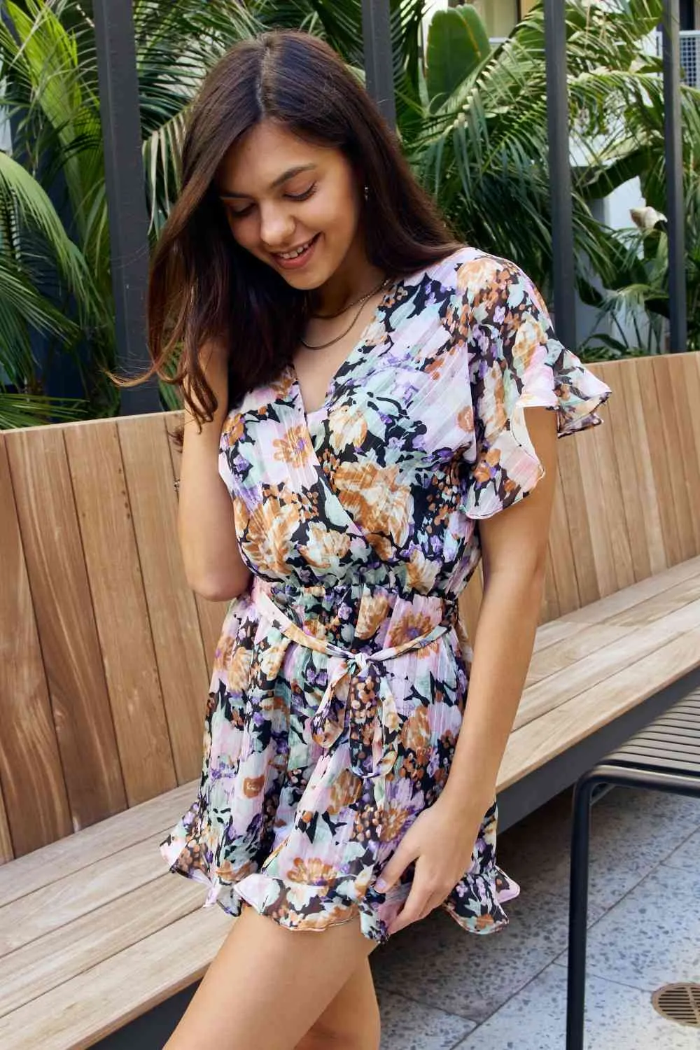 Full Size Floral Tie Belt Ruffled Romper