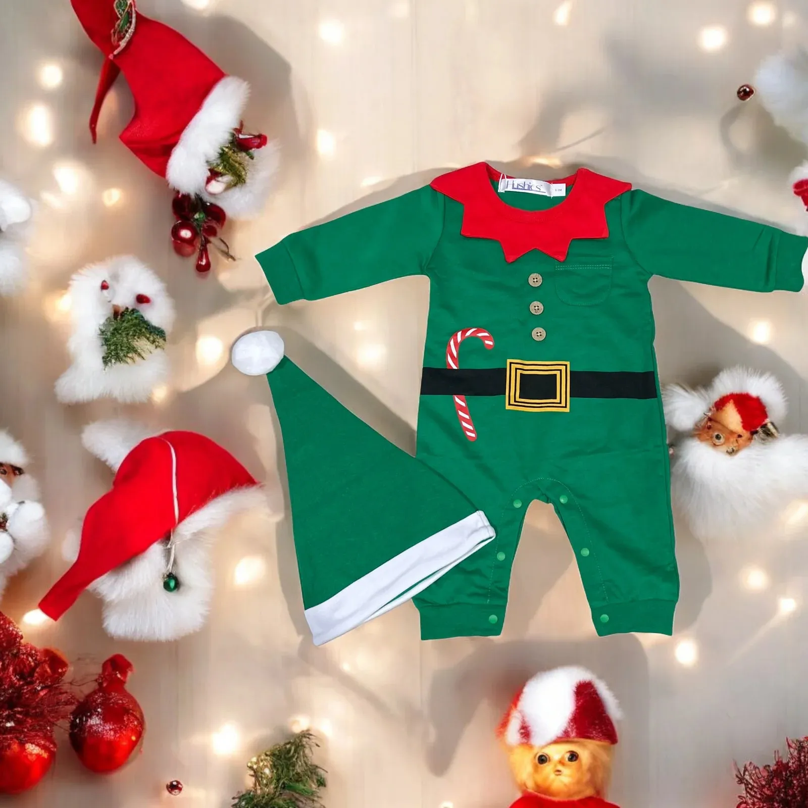 Gender Neutral Baby Green Elf Costume One-Piece Jumpsuit and Hat