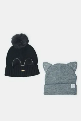 Girls Black And Grey Knitted Cap Set (2 Piece)