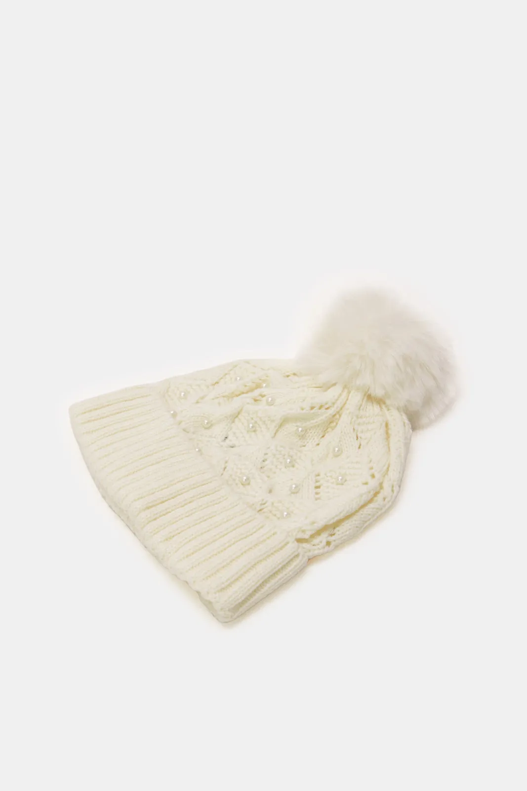 Girls Cream Knitted Cap And Gloves Set (2 Piece)