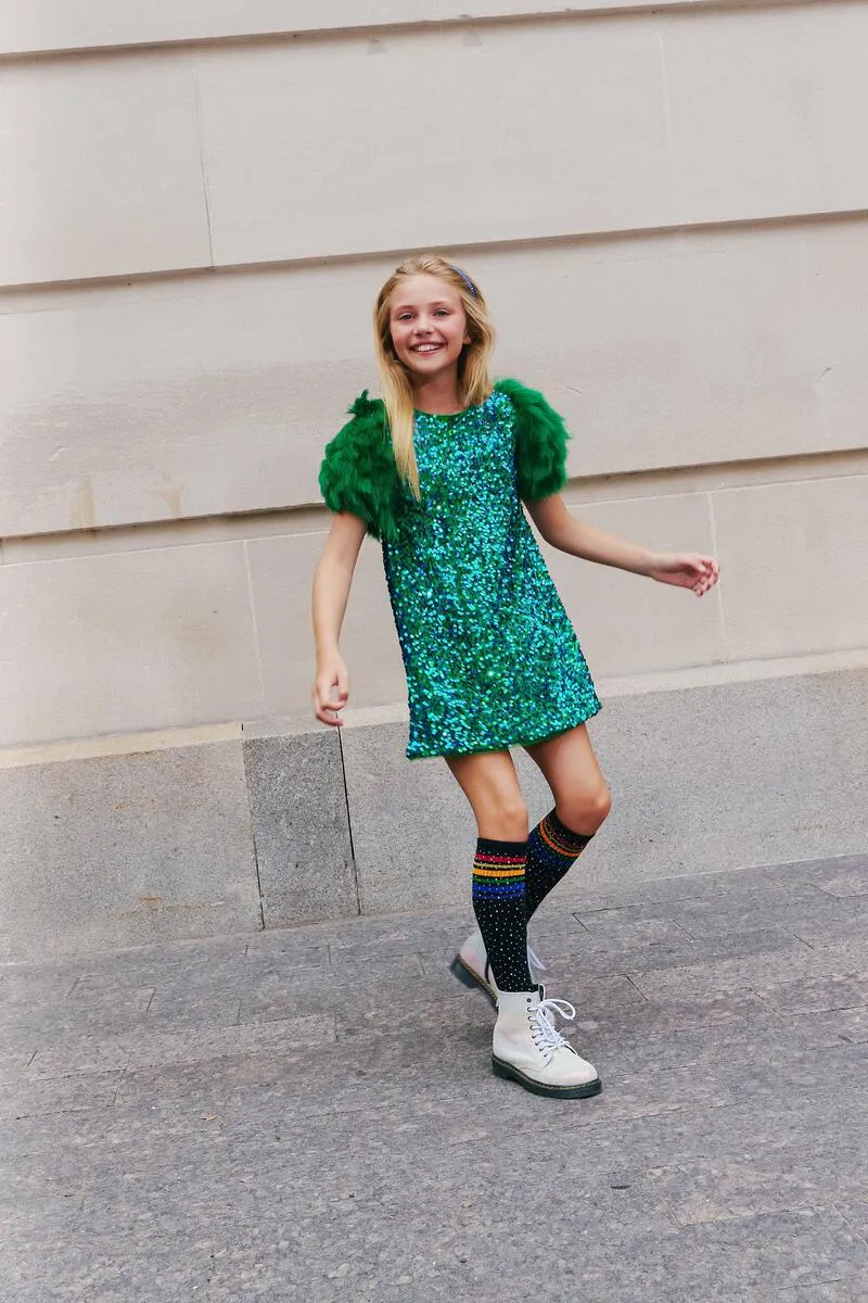 Girls Sequin & Feather Party Dress