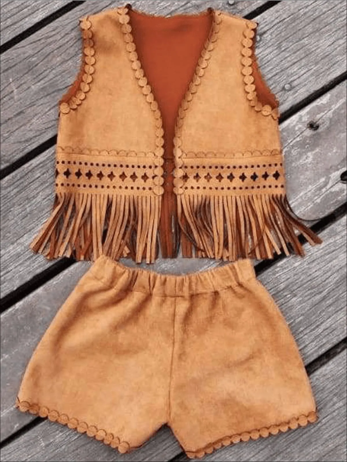 Girls Suede Bohemian Fringe Vest And Short Set