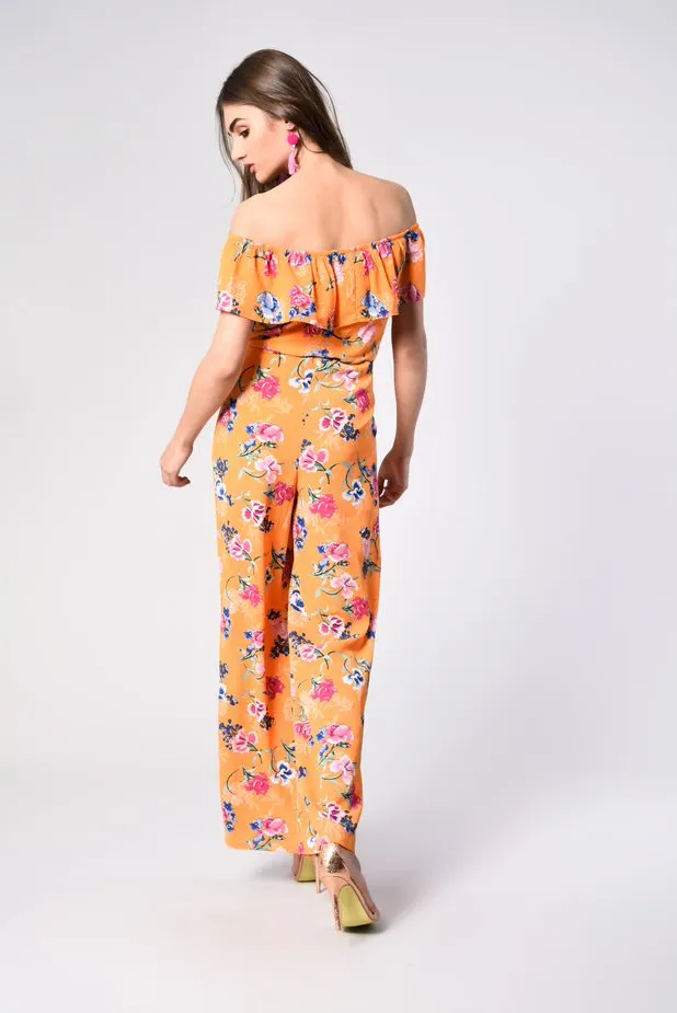 Glamorous Orange Tropical Print Bardot Jumpsuit