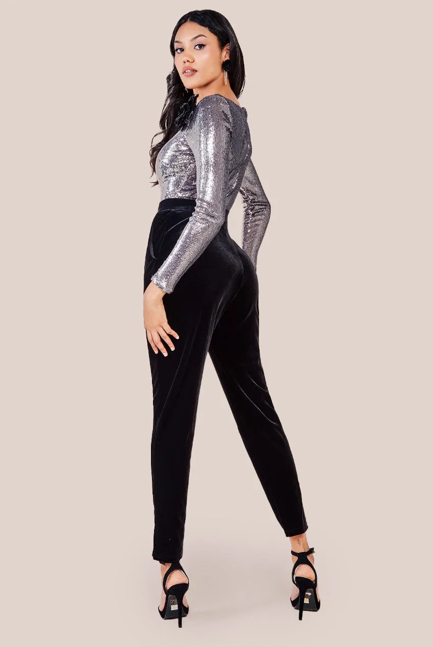 Goddiva Liquid Sequin Jumpsuit With Corsage - Silver