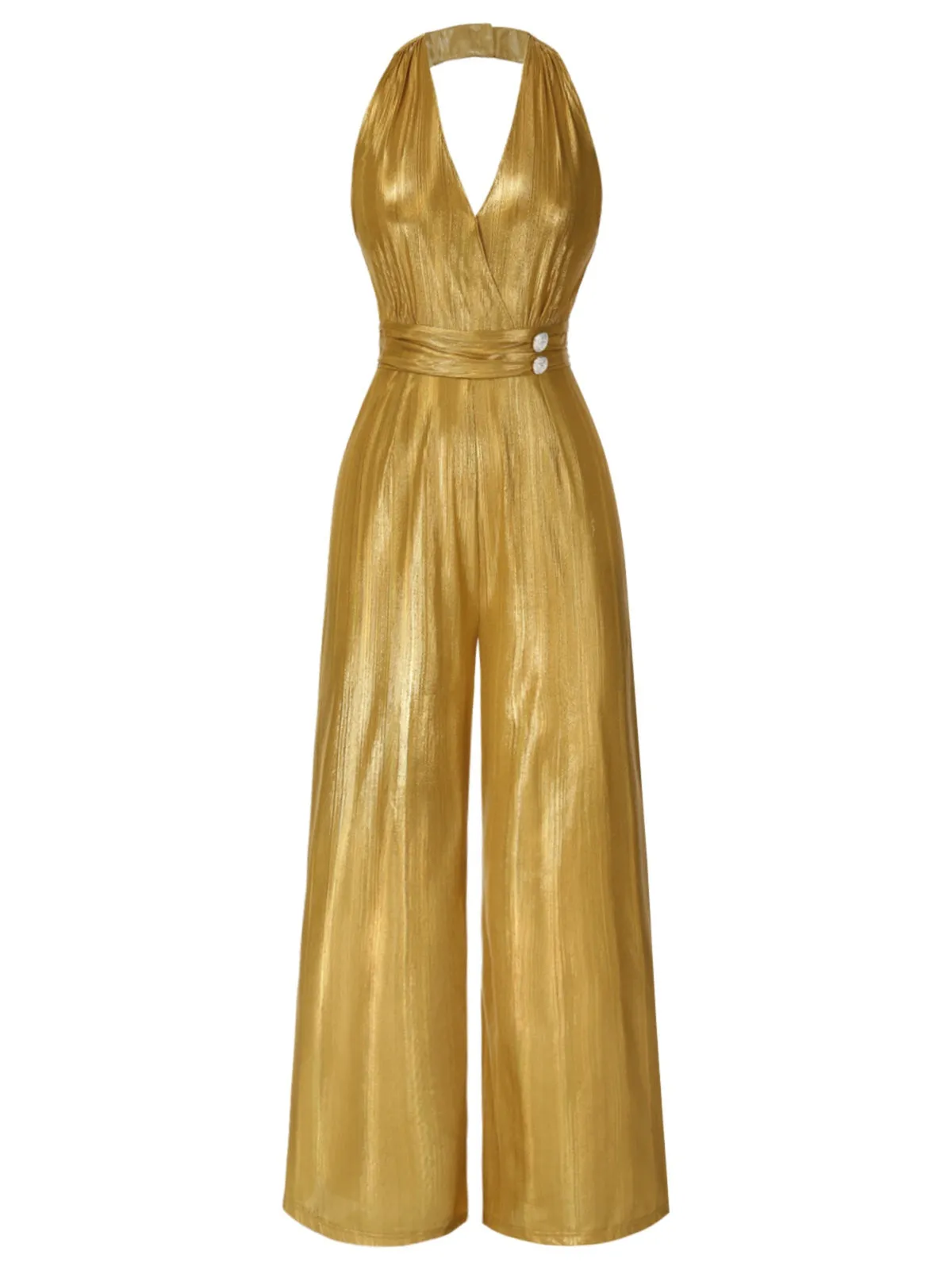 Gold 1930s Solid V-Neck Halter Jumpsuit