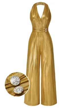 Gold 1930s Solid V-Neck Halter Jumpsuit