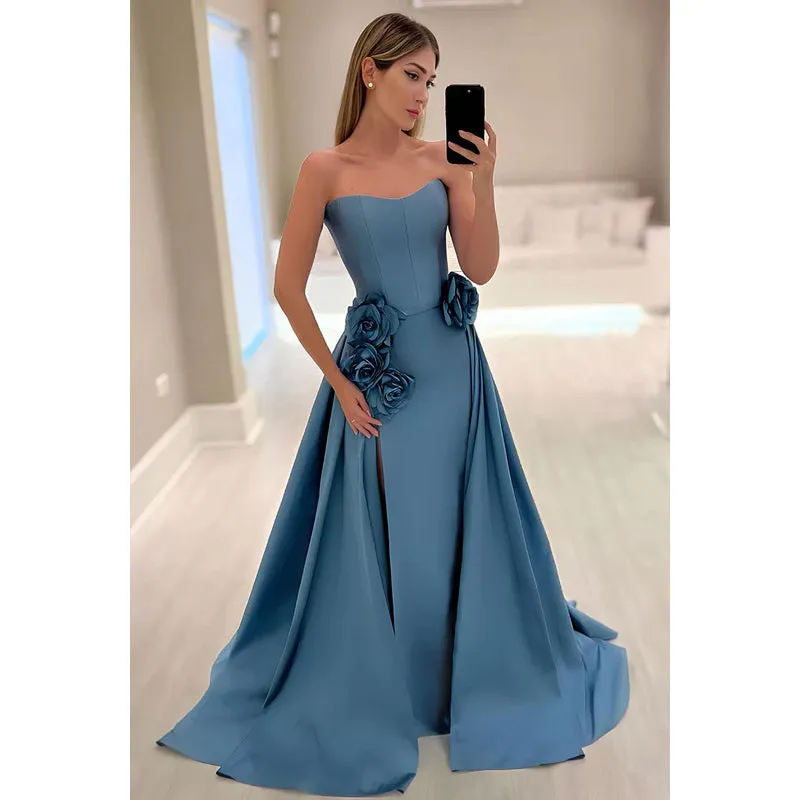 Gorgeous & Charming A-line Off-Shoulder Strapless Slit Prom Dress With Flower