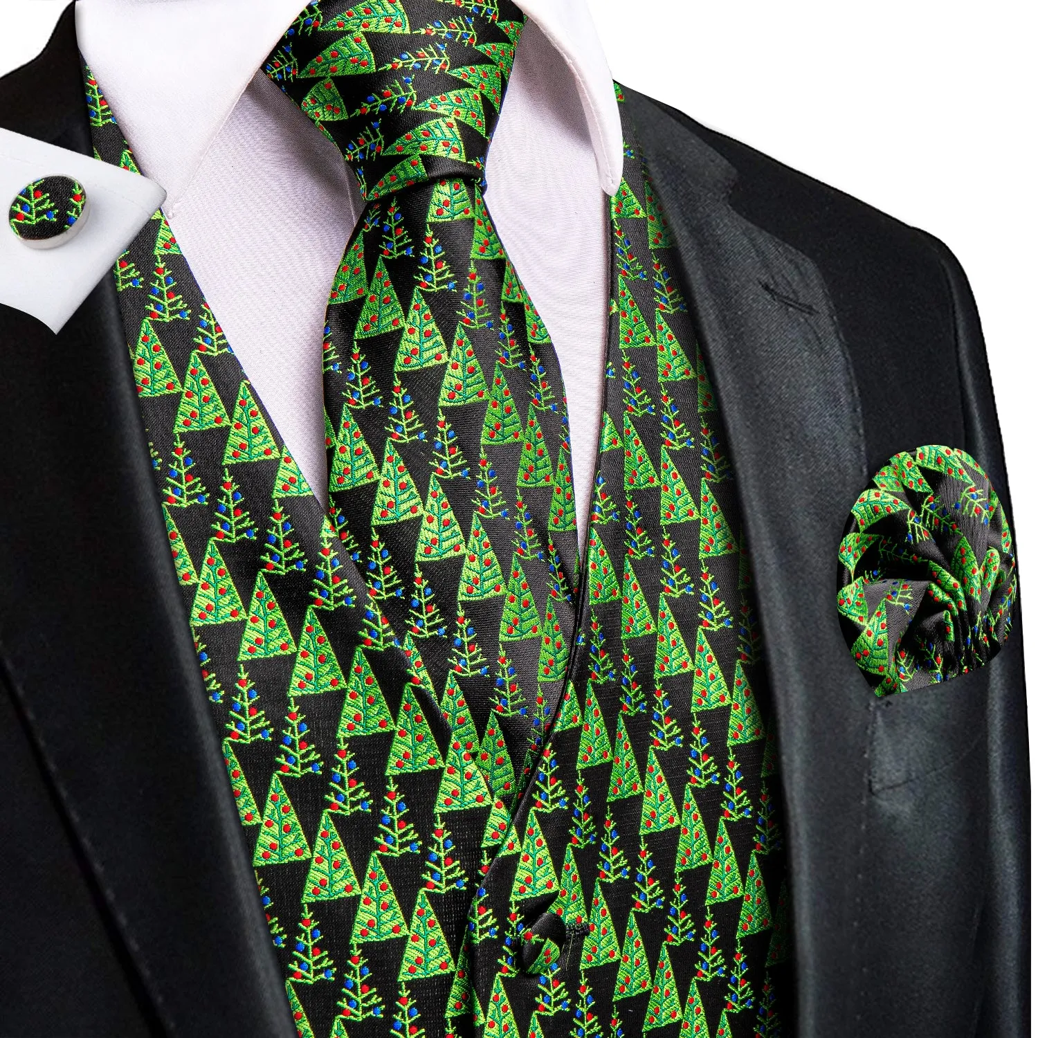 Green Christmas Tree Men's Vest Hanky Cufflinks Tie Set