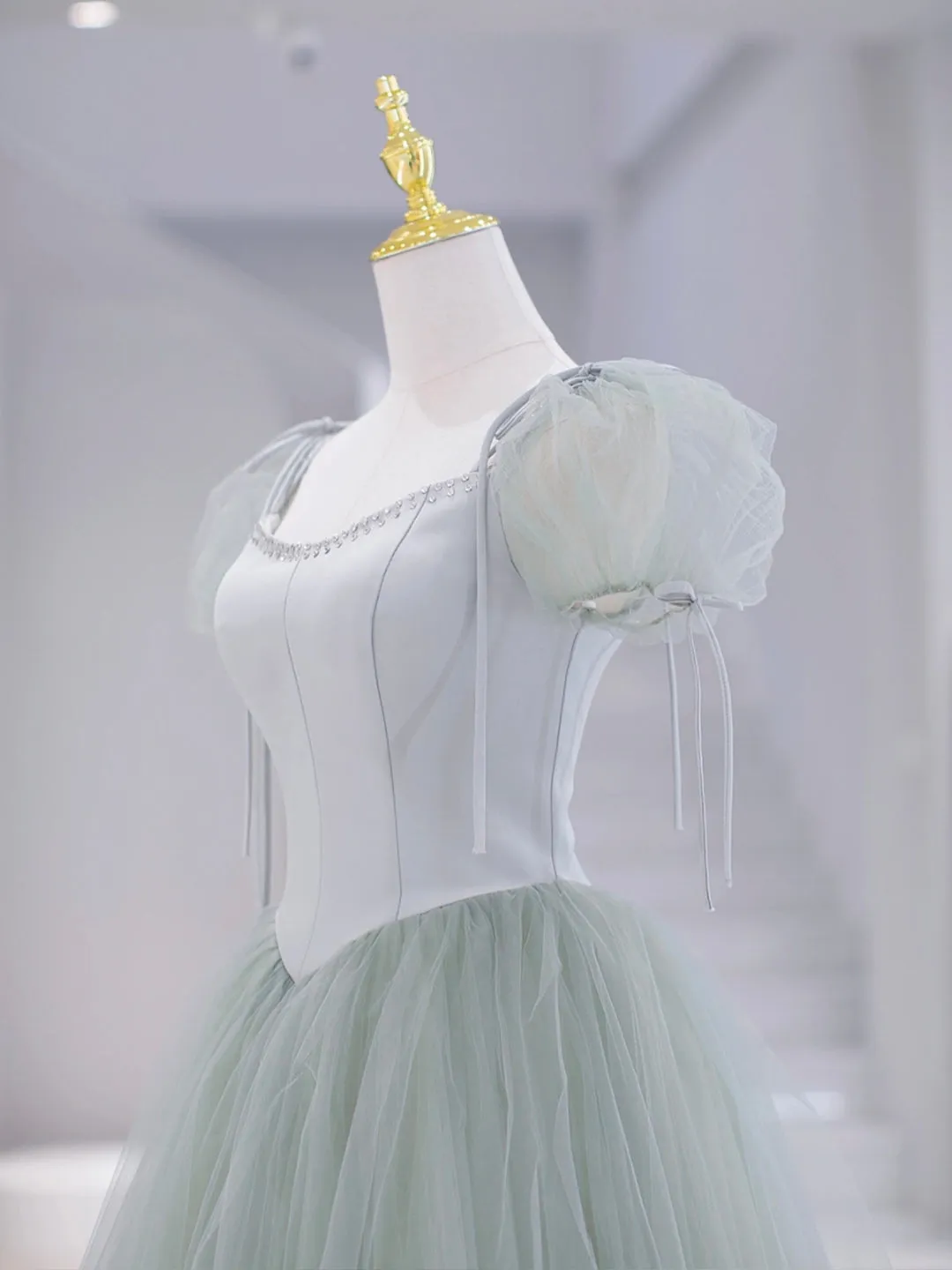 Green Tulle Floor Length Prom Dress, Green Short Sleeve Evening Party Dress