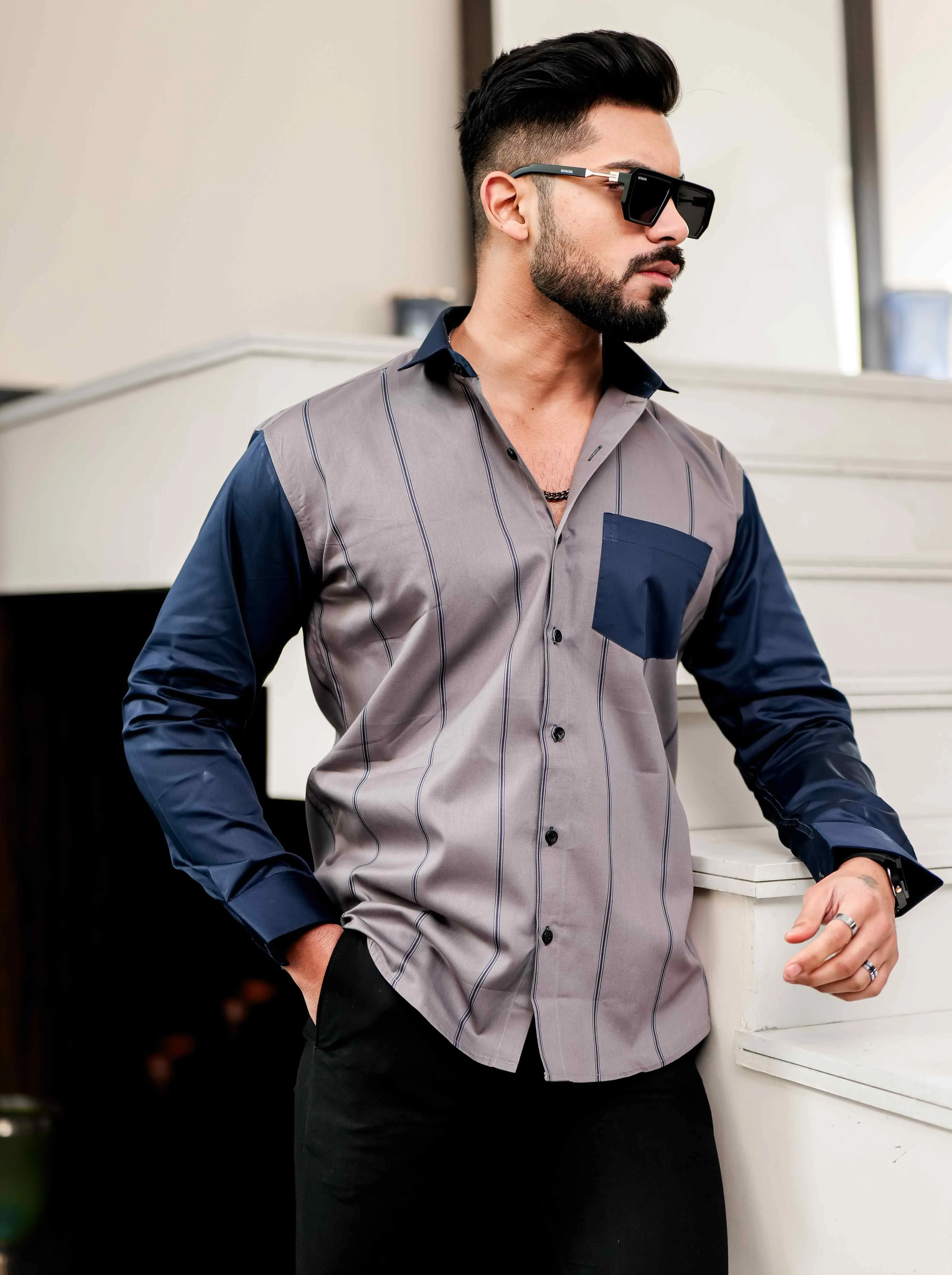 Grey Satin Cotton Cut N Sew Designer Shirt