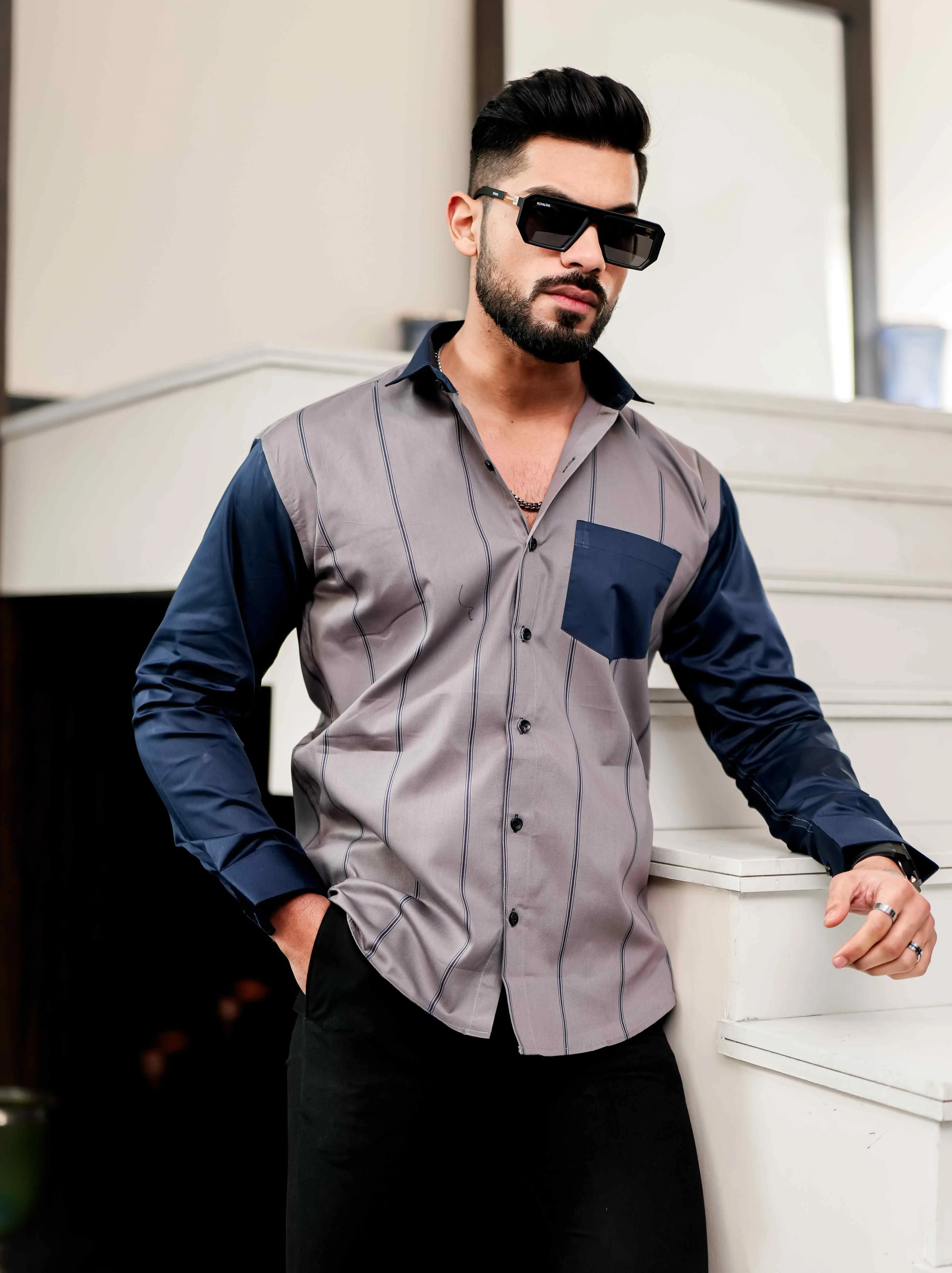 Grey Satin Cotton Cut N Sew Designer Shirt