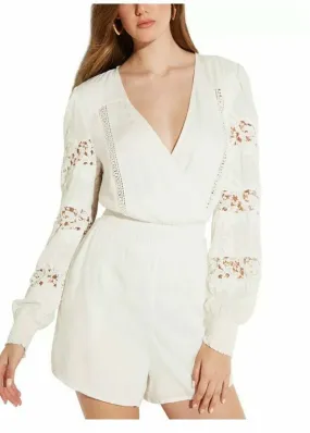 GUESS Women's Frosted White Long Sleeve Lumi Embroidered Romper Size Large