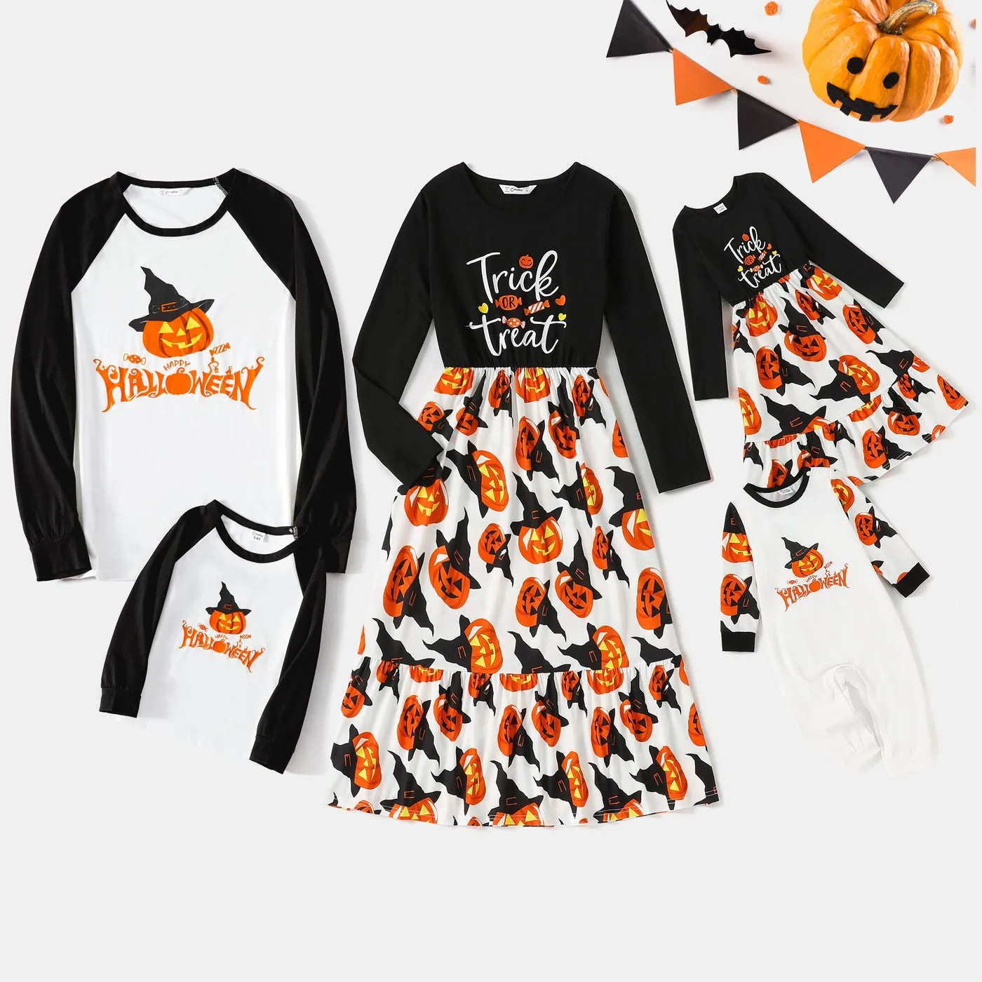 Halloween Family Matching Long-sleeve Letter & Pumpkin Lantern Print Spliced Dresses and Raglan-sleeve T-shirts Sets