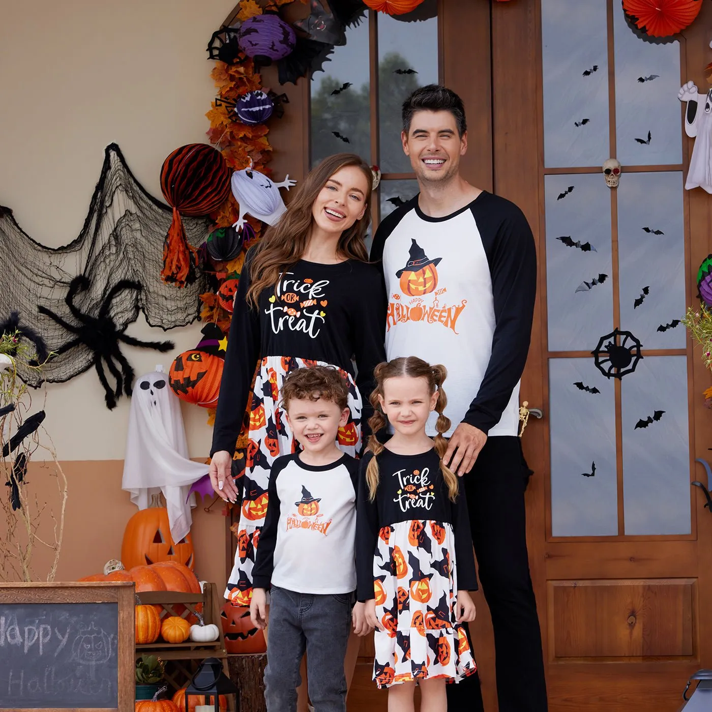 Halloween Family Matching Long-sleeve Letter & Pumpkin Lantern Print Spliced Dresses and Raglan-sleeve T-shirts Sets