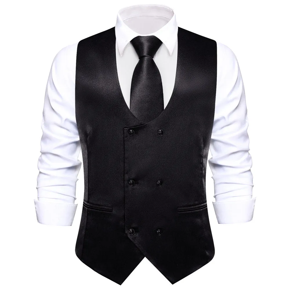 Hi-Tie Black Solid U-Neck Double-Breasted Vest Set