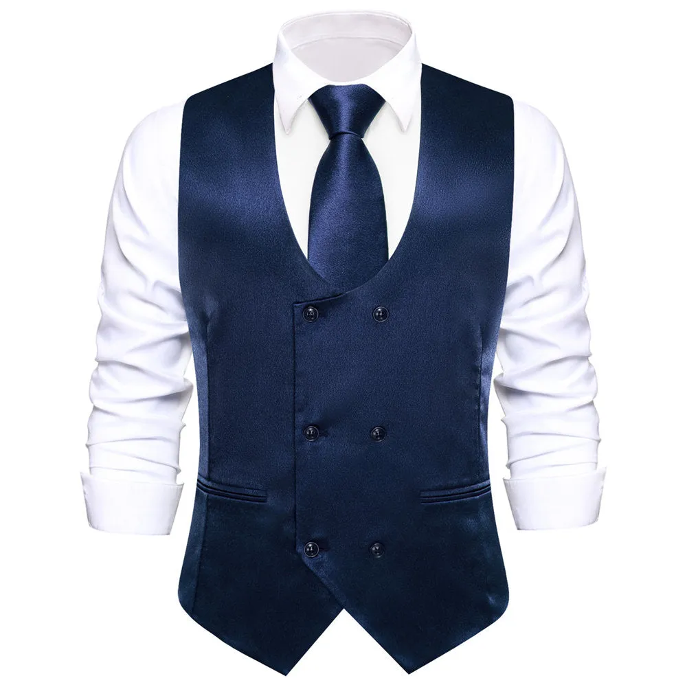 Hi-Tie Dark Blue Solid U-Neck Double-Breasted Vest Set