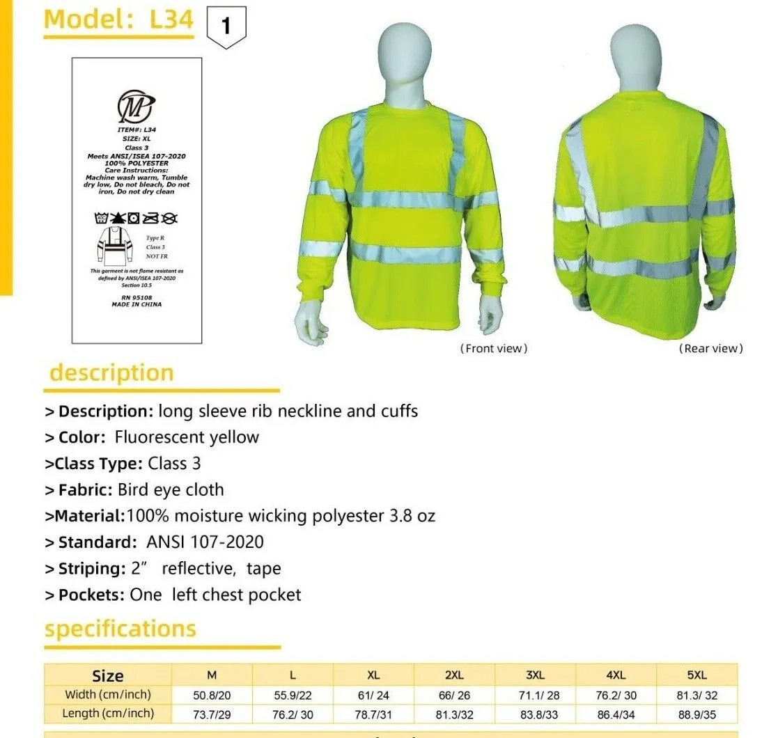 Hi-Vis Long Sleeved T-Shirt Viz Visibility Reflective Safety Work 1 Pack L34