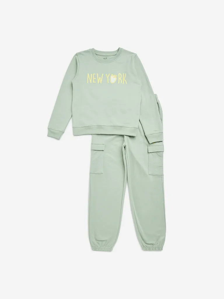 HOP Kids Sage Text Printed Sweatshirt with Joggers Set