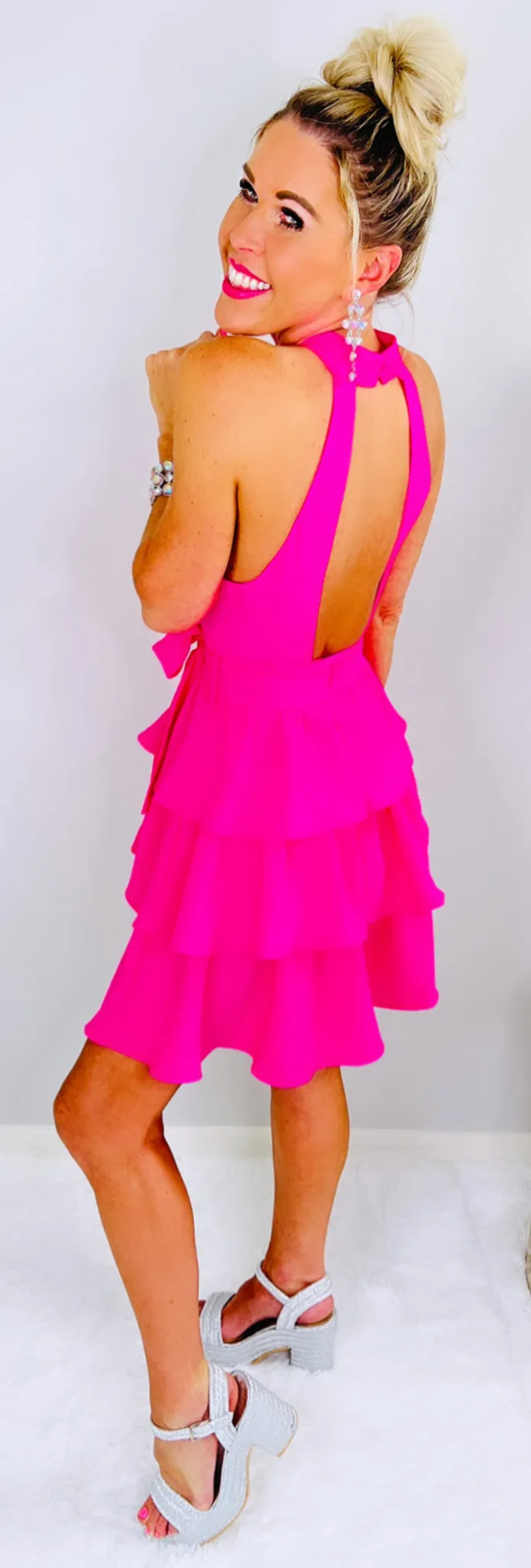 Hot Pink Ruffle Open Back Dress