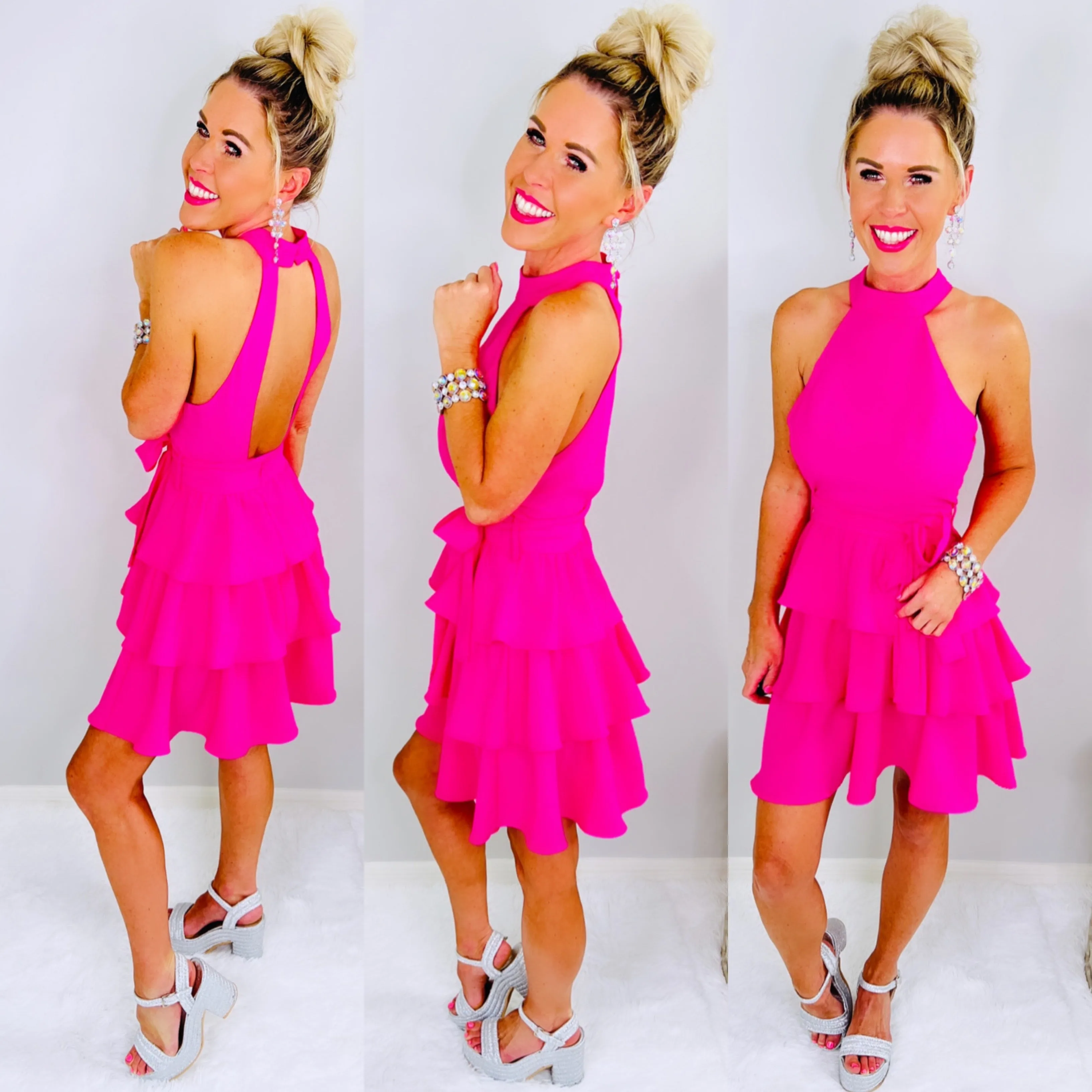 Hot Pink Ruffle Open Back Dress