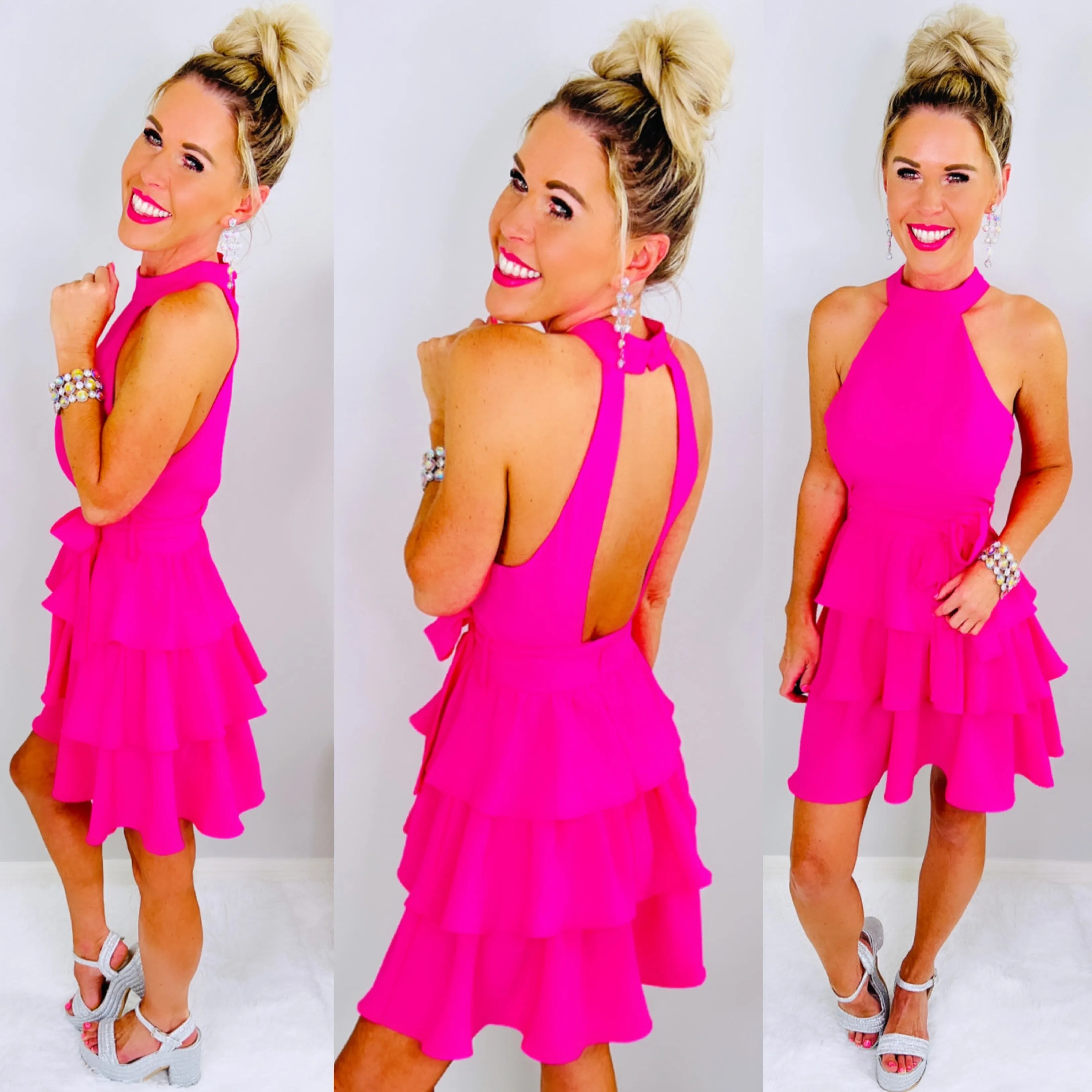 Hot Pink Ruffle Open Back Dress