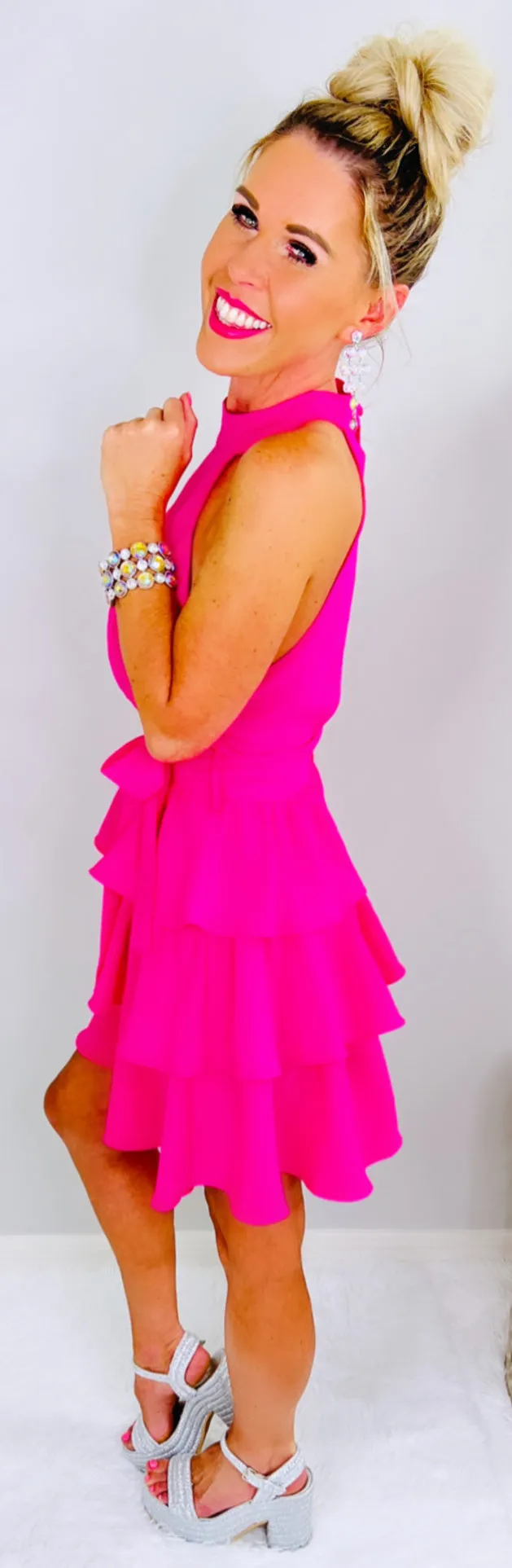 Hot Pink Ruffle Open Back Dress