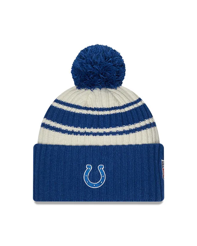 Indianapolis Colts New Era 2022 Sideline - Sport Cuffed Pom Knit Hat - Cream/Blue