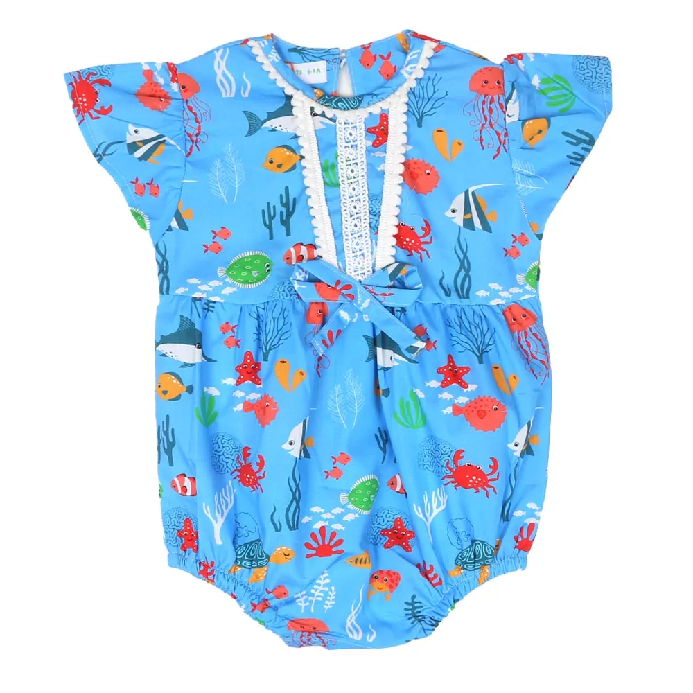 Infant Girls Woven Romper PomPom Fish P - Blue