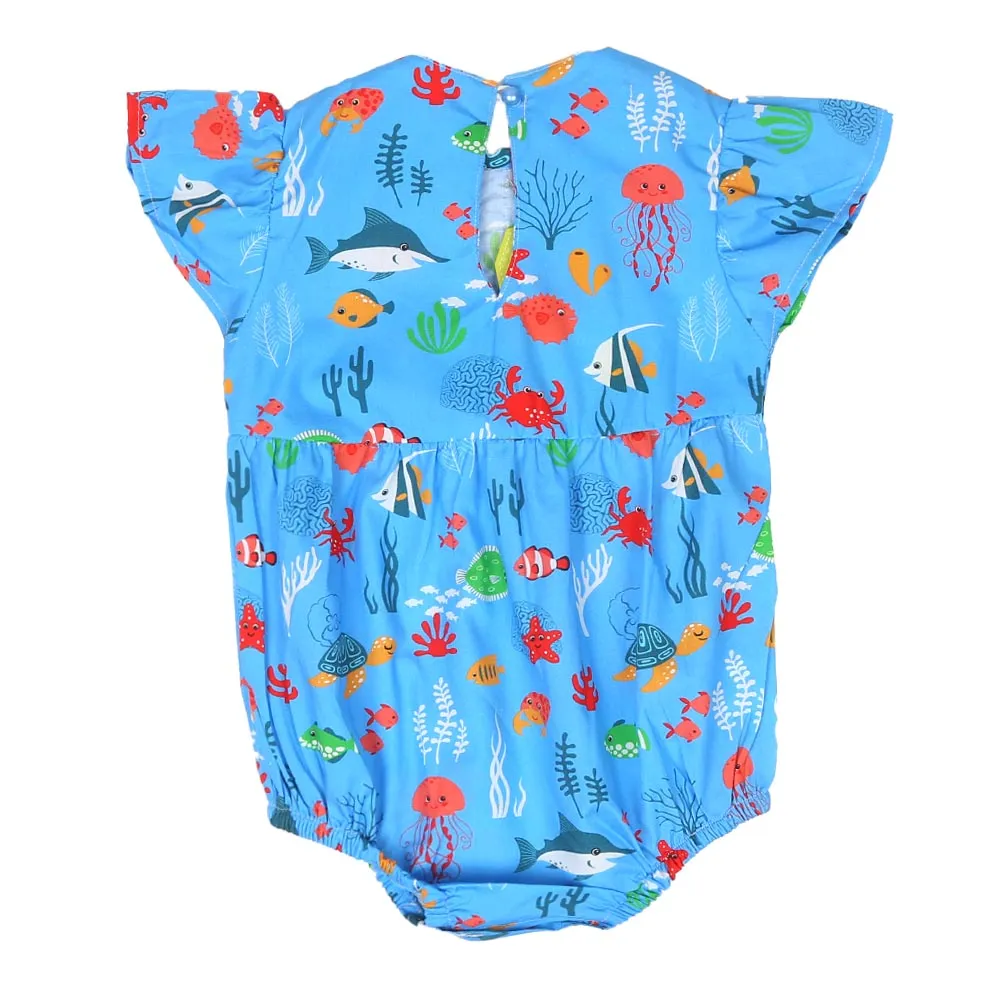 Infant Girls Woven Romper PomPom Fish P - Blue