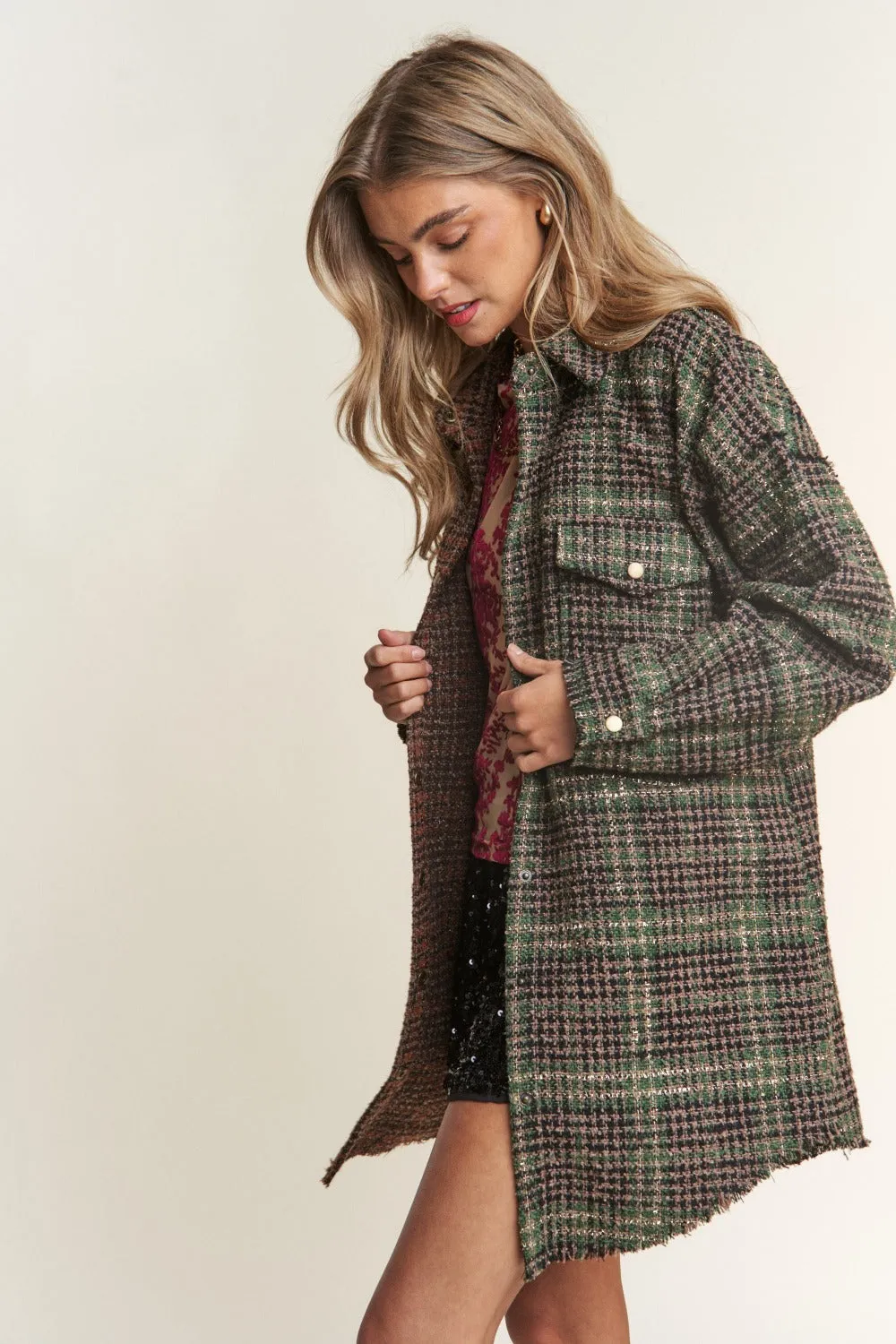 J.NNA Snap Down Tweed Plaid Contrast  Longline Shacket