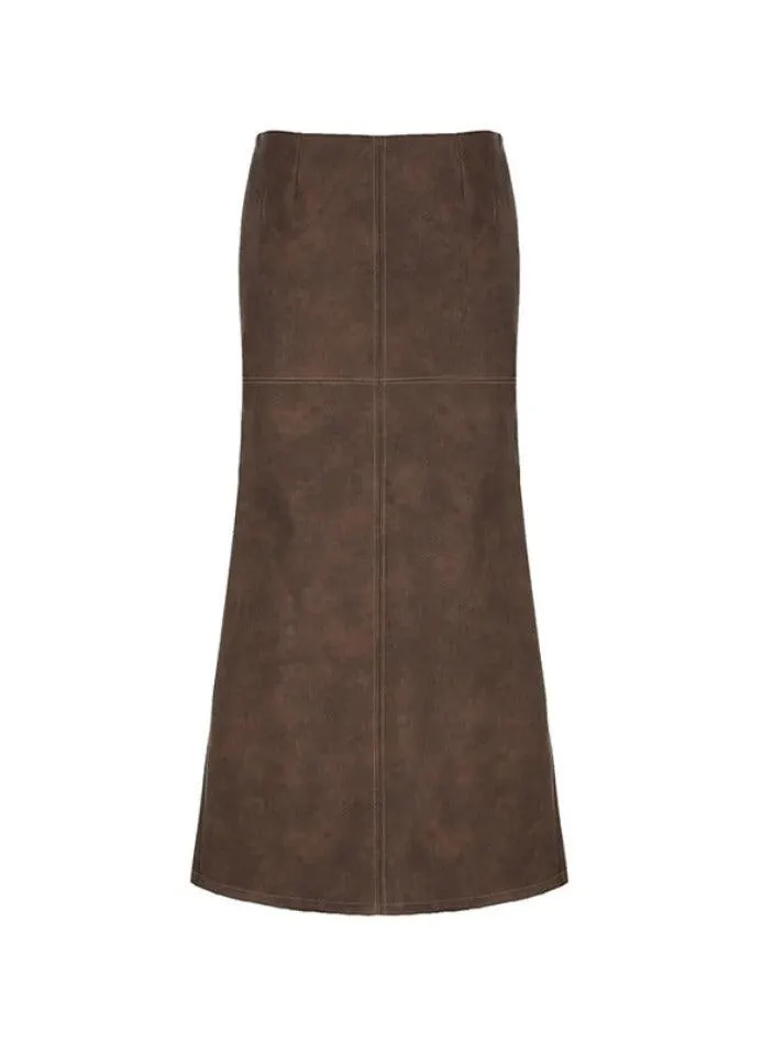 Joskaa Vintage Brown Back Slit Low Waist Leather Maxi Skirt