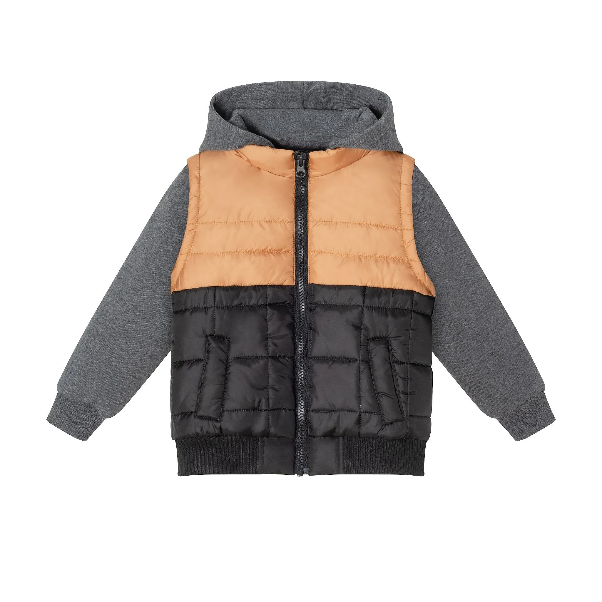 Kids (2-8) Hooded Puffer Vest & Sweatshirt Combo | Black Cognac