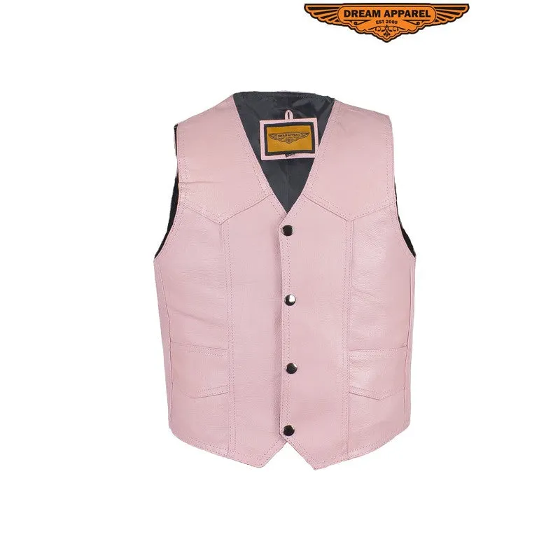 Kids Pink Leather Motorcycle Vest With Button Snap Closure