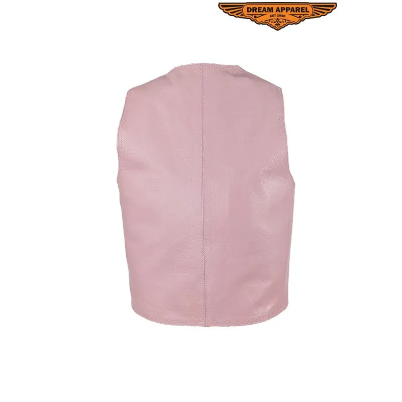 Kids Pink Leather Motorcycle Vest With Button Snap Closure