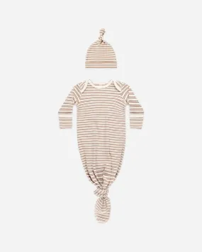 Knotted Baby Gown   Hat Set || Golden Stripe